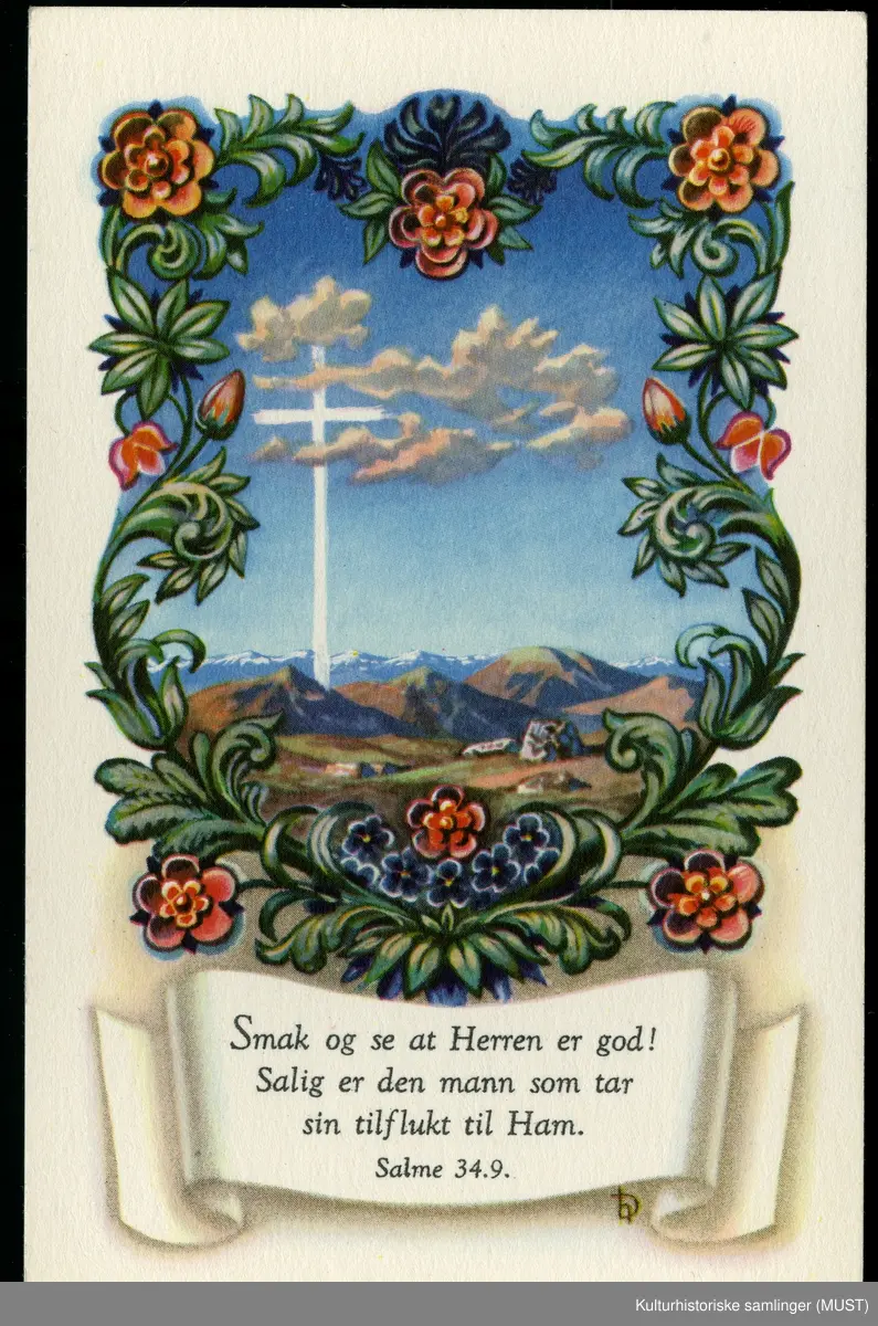 Gratulasjonskort solgt hos Hustvedt

Blomster innrammer et landskap med et kors