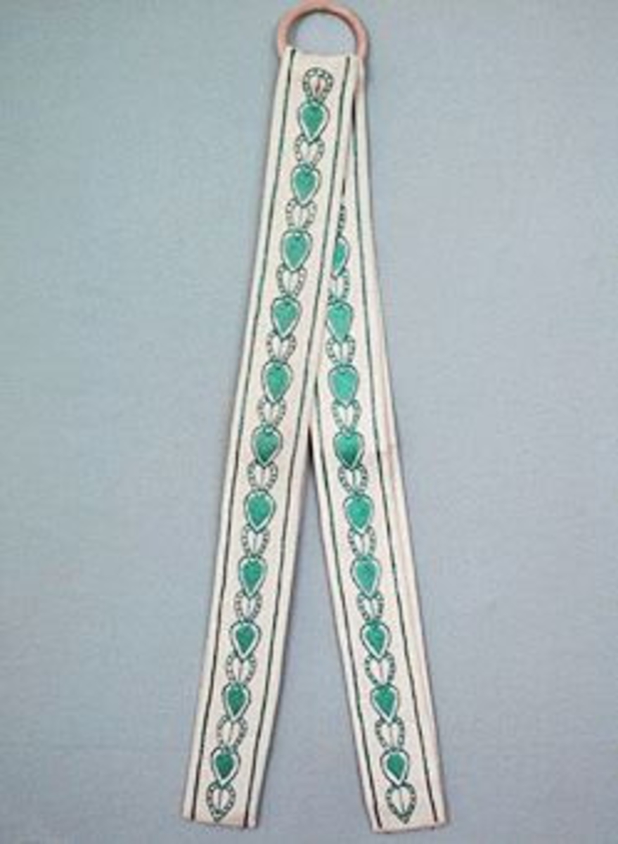 Brickband i halvblekt linnetyg, Värmlandslinne, med broderi i bladmönster.På etikett från Kronobergs läns hemslöjdsförening fäst vid brickbandet anges pris 39.50 kr, pris för material 18 kr och "sylön FD x dd".Bandet har SHR:s pappersetikett från Kronobergs Läns Hemslöjdsförening Växjö, med påskrivet nummer: "1415", fästad vid sig.