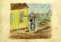 Tegning av mann østarbeider som holder en planke utenfor en 