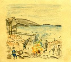 Bygg ved sjøen Langstranda i Bodø. Nettinggjerde rundt leire