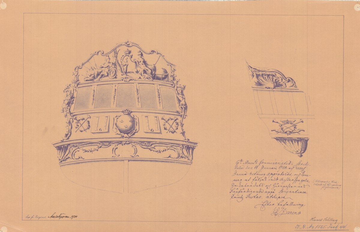 Ritning till akterspegelsornament för brigantinen Prins Gustaf.