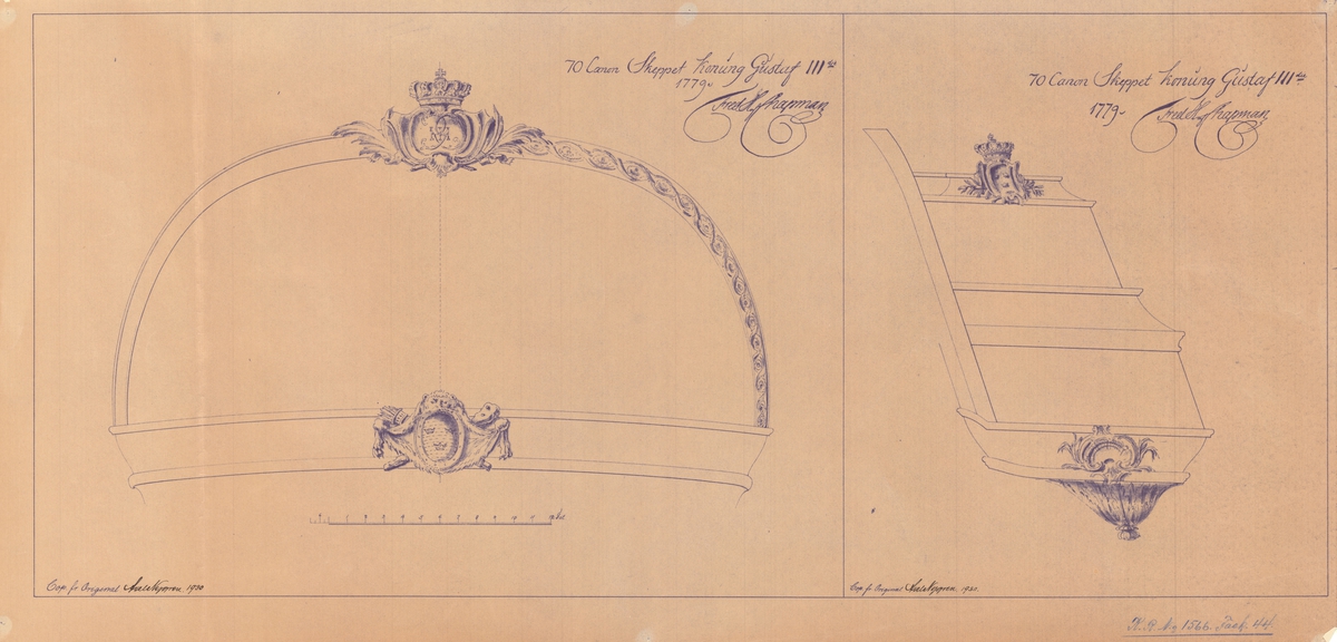 Ritning till akterspegelsornament till 70kanonskeppet Konung Gustaf III