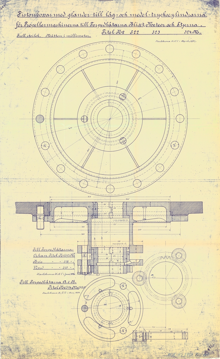 Pistonboxar med glander till låg- och medeltryckscylindrar till propellermaskin