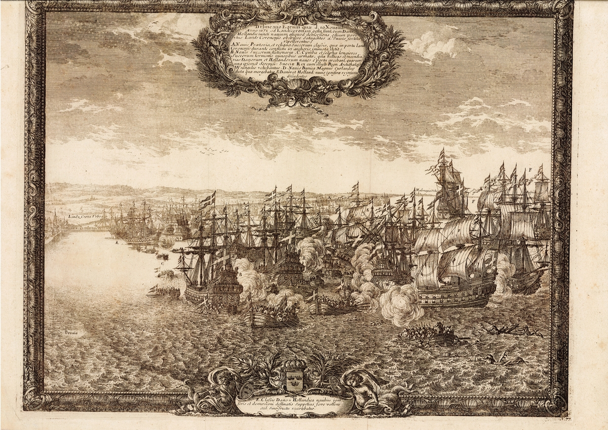 Slaget mellan svenska och nederländska flottan i Öresund 1658.

En mängd fartyg och mindre båtar syns. Rök från kanonskott, i förgrunden drunknande människor. I bakgrunden syns Landskrona och Malmö skymta.