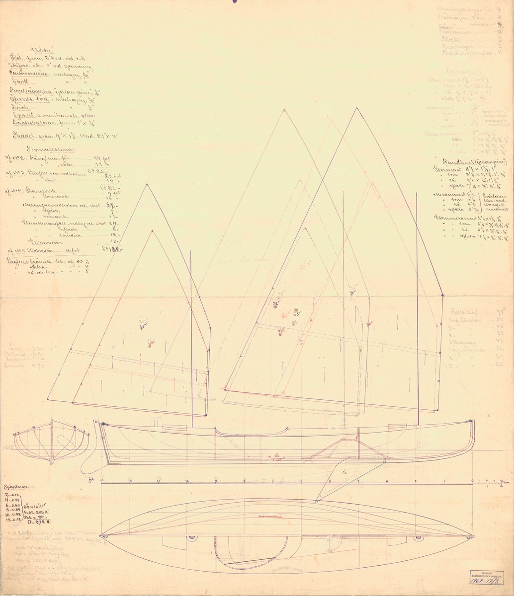 spantruta och linjeritning, profil med segel