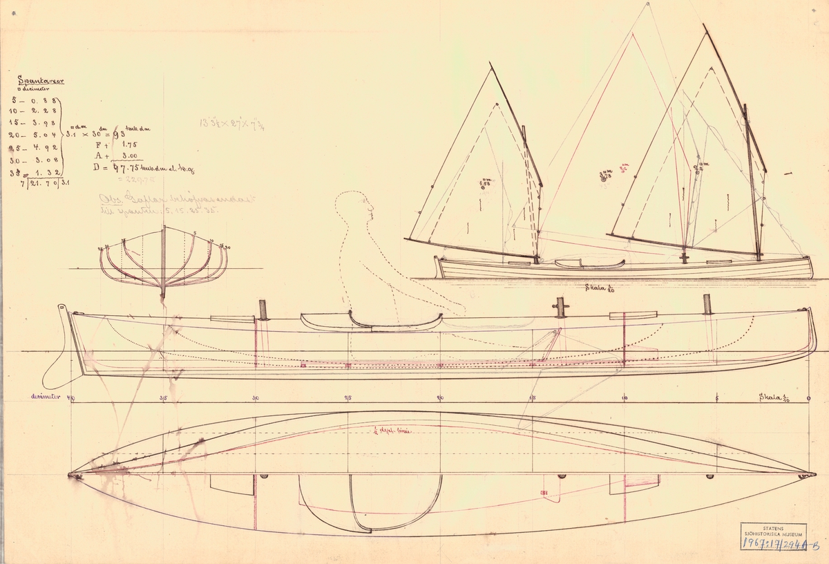 12 fots roddbåt.
Spantruta och sektionsritningar