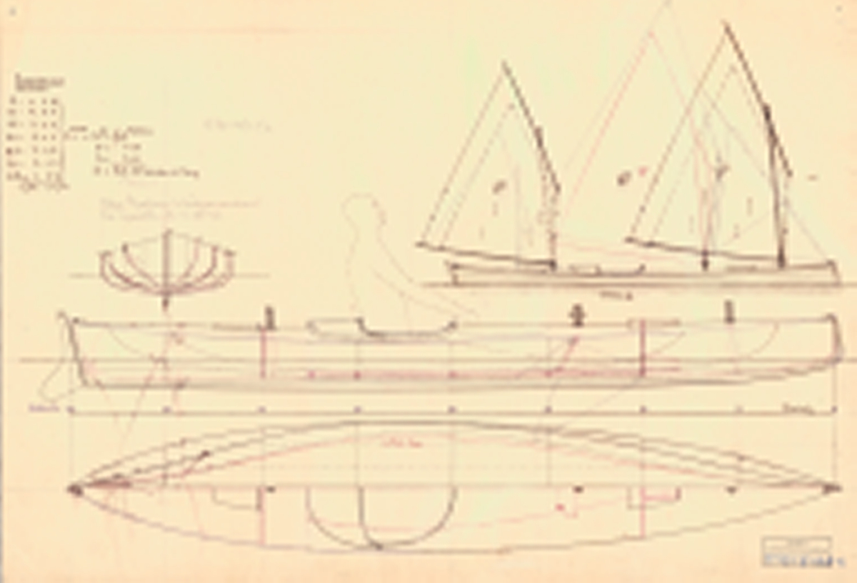 12 fots roddbåt.
Spantruta och sektionsritningar
