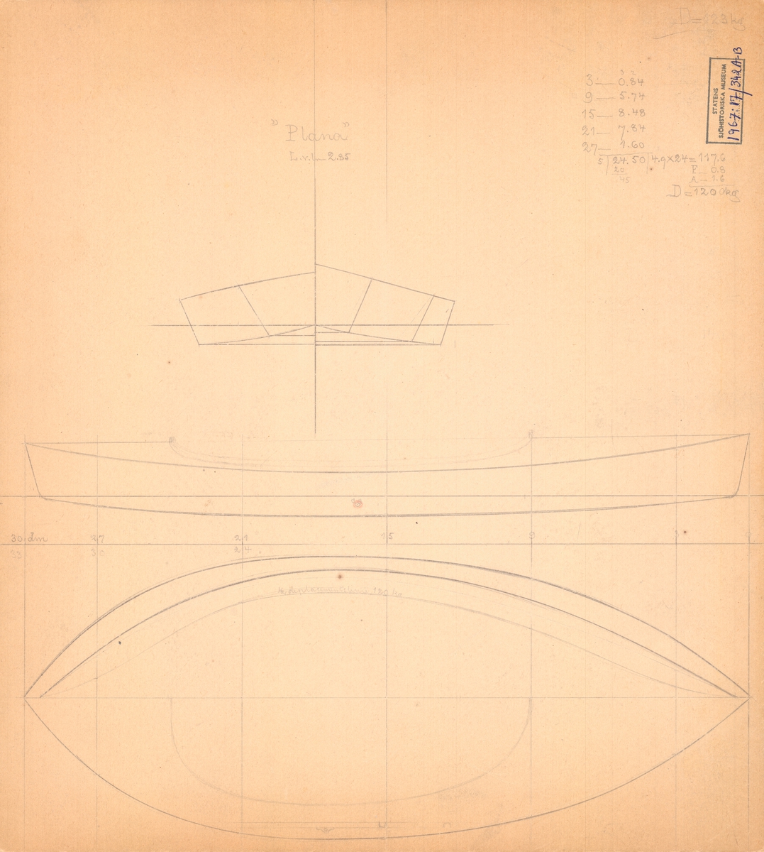 Skiss till planande jolle, Plana.
Spantruta, linjeritning