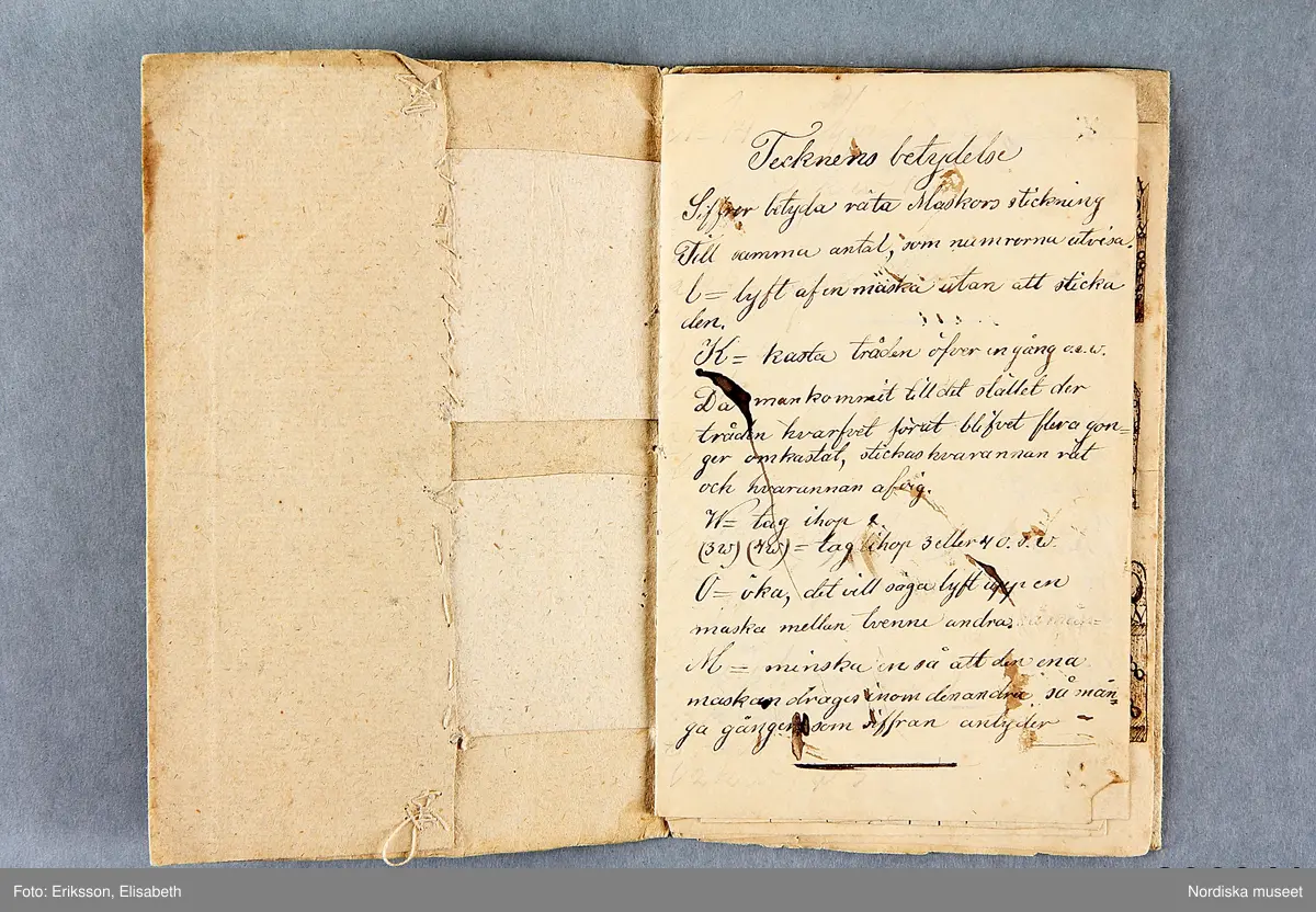 Litet hemgjort häfte med gråbrunt omslag med påskrift för hand: Mönster till Spets-Stickning med Åtföljande beskrivning och Planscher. Första delen år 1844.
 Häftet är kopierat efter ett litet tryckt häfte med titeln : Mönster till spets-stickning och hålsöm af M.C.S.......n, tryckt i Uppsala 1843. Se Nord.mus arkiv nr. 1949/15.
 /Berit Eldvik 2012-10-16