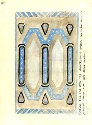 Fem skisser med förslag till tät rya till Annerstad kyrka.GHKL 4038:1 Förslag till tät rya till Annerstads kyrka 1,30 x 2,25 m. Skisstorlek ca 13 x 22,5 cm, skala 1:10.GHKL 4038:2Förslag till tät rya till Annerstads kyrka 1,30 x 2,25 m. Skisstorlek ca 13 x 22,5 cm, skala 1:10. "Garnprover: samma som till nr 1".GHKL 4038:3Förslag till tät rya till Annerstads kyrka 1,30 x 2,25 m, "Livsträdet". Skisstorlek ca 13 x 22,5 cm, skala 1:10.GHKL 4038:4Förslag till tät rya till Annerstads kyrka 1,30 x 2,25 m. Skisstorlek ca 13 x 22,5 cm, skala 1:10. "Mönstret samma som i den stora mattan, garnprover samma som i nr 1."GHKL 4038:5Förslag till tät rya till Annerstads kyrka 1,30 x 2,25 m. Skisstorlek ca 13 x 22,5 cm, skala 1:10. "Garnprover samma som i nr 1".BAKGRUNDHemslöjden i Kronobergs län är en ideell förening bildad 1990. Den ideella föreningen ersatte Kronobergs läns hemslöjdsförening bildad 1915.Kronobergs läns hemslöjdsförening hade butiksverksamhet och en vävateljé med anställda väverskor och formgivare där man vävde på beställning till offentliga miljöer, privatpersoner och till olika utställningar.Hemslöjden i Kronobergs län har idag ett arkiv med drygt 3000 föremål, mönster och skisser från verksamheten och från länet. 1950-talet var de stora beställningarnas tid och många skisser och mattor till kyrkorna kom till under detta årtionde.