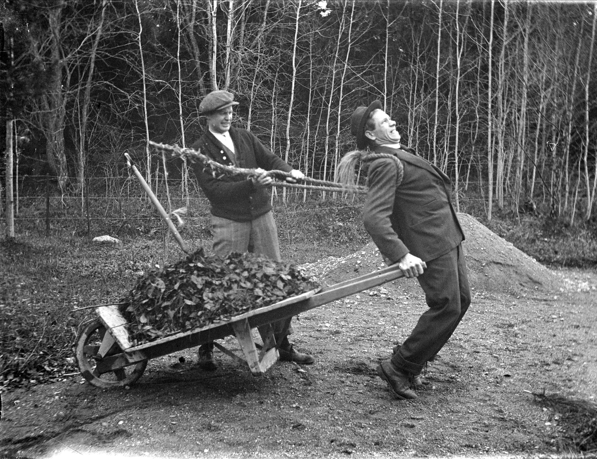 Gösta Krantz och Yngve Jansson spexar framför kameran, Lillsunda, Uppsala-Näs socken, Uppland