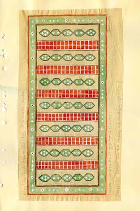 Fyra skisser med förslag till ryamatta till Älmhults kyrka.GHKL 4046:1 Förslag till ryamatta till Älmhults kyrka 1,40 x 3 m. Skisstorlek ca 14 x 30 cm skala 1:10. "Går även bra att göra 1,40 x 2,35". På skissen finns anteckning om färgval.GHKL 4046:2 Förslag till ryamatta till Älmhults kyrka 1,40 x 3 m. Skisstorlek ca 14 x 30 cm skala 1:10. "Går även bra att göra 1,40 x 2,35".På skissen finns anteckningar om färgval.GHKL 4046:3 Förslag till ryamatta till Älmhults kyrka 1,40 x 3 m. Skisstorlek ca 14 x 30 cm skala 1:10. "Går även bra att göra 1,40 x 2,35".På skissen finns anteckningar om färgval.GHKL 4046:4Förslag till ryamatta till Älmhults kyrka 1,40 x 3 m. Skisstorlek ca 14 x 30 cm skala 1:10. "Går även bra att göra 1,40 x 2,35".På skissen finns anteckningar om färgval.BAKGRUNDHemslöjden i Kronobergs län är en ideell förening bildad 1990. Den ideella föreningen ersatte Kronobergs läns hemslöjdsförening bildad 1915.Kronobergs läns hemslöjdsförening hade butiksverksamhet och en vävateljé med anställda väverskor och formgivare där man vävde på beställning till offentliga miljöer, privatpersoner och till olika utställningar.Hemslöjden i Kronobergs län har idag ett arkiv med drygt 3000 föremål, mönster och skisser från verksamheten och från länet. 1950-talet var de stora beställningarnas tid och många skisser och mattor till kyrkorna kom till under detta årtionde.