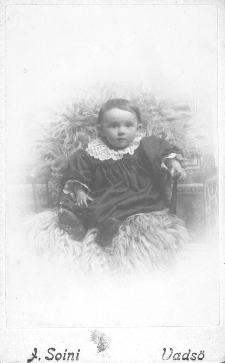 Portrett av en liten jente, Ester Lovise Johansen (født i Vadsø 23.7.1901). Esther er kledd i mørk kjole med en vakker, hvit kniplingkrage i halsen. Hun er plassert i en pinnestol på et saueskinn. Hun har sko på bena. Fotograf Jasper Soini i Vadsø har fotografert Ester. 

Ester er datter av bakermester Arvid Johansen (født i Vadsø 27.10.1871) og husmor Hilma Johansen (født i Seffle, Sverige 13.11.1872 ). De bodde i Kirkegate 58, i Vadsø. I 1920 var Ester telegrafistinne i Kirkenes. Der traff hun sin mann Thorleif Tønnessen (født i Egersund 3.3.1901). Han var telegrafekspeditør når de giftet seg 24.10.1931 i Vadsø.  

Trond Ballo har kommentert bildet: "Ester Lovise Johansen, datter av bakermester Johan Arvid (Jonas) Johansen fra Vadsø og moren Hilma Emilia Janson fra Tveta i Värmland, Sverige. Ester Lovise giftet seg i 1931 i Vadsø med Thorleif Tønnessen."