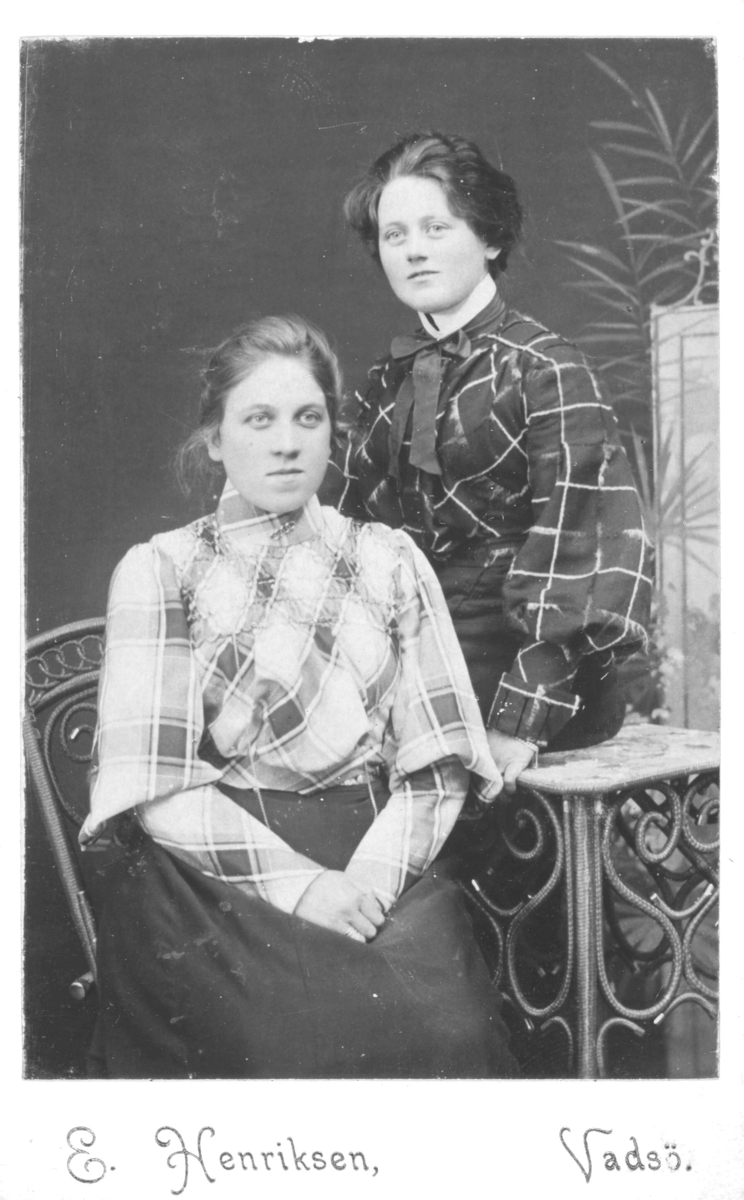 Portrett fra to unge kvinner, Alfine (Rolfstad) og Olga Marie Pedersen. Alfine blir identifisert som "Rolfstad" på bilde FBib.96010- 005, men egentlig het hun trolig Vollstad til etternavn. Alfine sitter på en stol og Olga lener seg på et lite bord. Begge er kledd i rutete bluser med lange, mørke skjørt. 

Alfine Vollstad var født 25.11.1883 i Vadsø. Hun var gift med Andreas Vollstad (født 22.08.1881 i Dverberg), han var lærer, kirkesanger og herredskasserer i Loppa kommune med bosted Øxfjord under folketellingen i 1910. 

Olga Marie Pedersen var født 11.09.1886 i Vadsø og døde i Kiberg i 1912, 27 år gammel. Hun var registrert som kontordame og ugift, i Ministerialbok for Vadsø Prestegjeld i 1912. Oga Marie bodde i Toldbodgaden, i bakbygningen, i Vadsø i 1900. Hun var datter av Nanna Evida Pedersen (født Jonas i Thomaselv, Vadsø i 1862) og Vexel Pedersen som var portner ved Politistasjonen og kommunalt bud. Nanna Evida var sydame og hennes far kom fra Alkula, Finland og moren fra Torneå, Finland. Jentene er fotografert hos fotograf Emilie Henriksen, Vadsø.