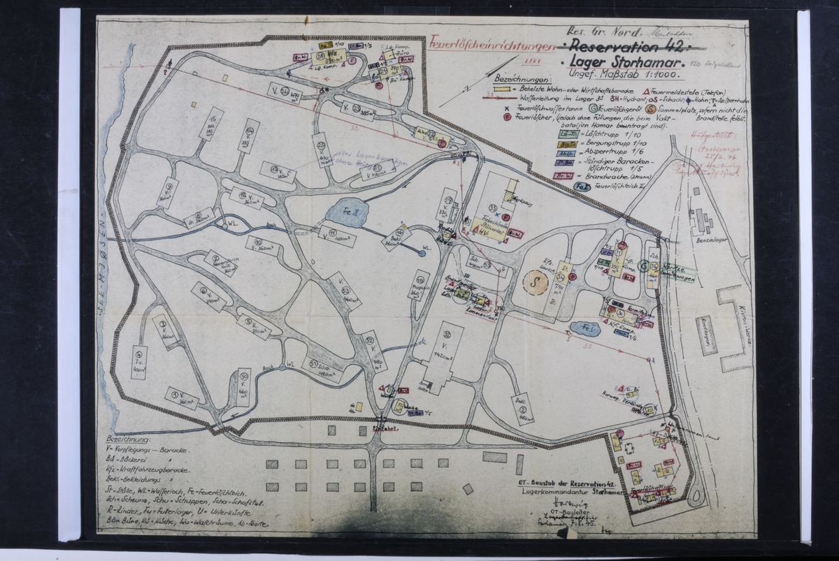 Hamar, Martodden, andre verdenskrig, kart forslag til utbygging, Feuerschutzeinrichtung Lager Storhamar, "Lagerkommandantur Storhamar". Kivron fabrikken til høyre, Stålverket midt på tegningen, Tyskerbrakker nede til venstre,