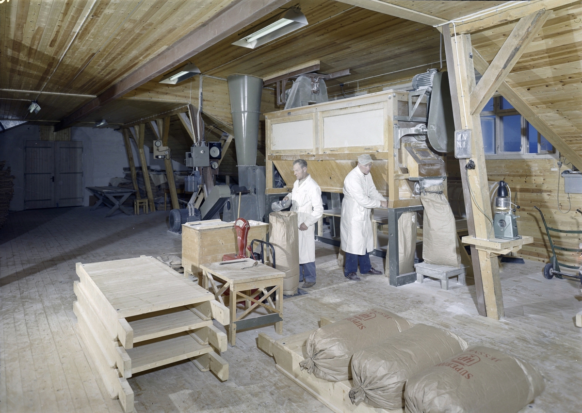 Brumunddal Potetmel- og Sagofabrikk, Brumunddal, Ringsaker.  Fabrikk, fabrikkarbeid, fylling av potetmel(?) i sekker, to arbeidere, ukjente personer.