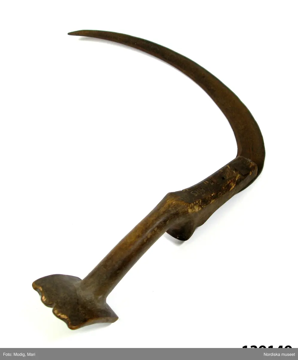 Katalogkort:
"Bladets längd mellan udd och bas 283 mm. Största bredd vid botten 30 mm. Mycket avslipat. Nedtill utsmide till ten, som är omböjd, stucken genom skaftet och nitad. Skaftets största längd 263 mm. Själva handtaget begränsat mot den del som håller bladet, av ett ornamentalt format utsprång, åt nederänden av en i samma stycke skuren skiva, 78 mm lång, 60 mm bred, ornerad på kortsidorna. På skivans undre, konkava sida initialerna AIIS, 4 gånger, placerade i fyrkant. Samma initialer längs skaftets rygg, nära bladfästet, där också på de avfasade kanterna ornamenten (?) XX förekomma. Skaftet av björk, omålat. Skäran har förr använts för att skörda 'fälleråg', råg på svedjeland. Numera pläga dylika brukas att skära potatisblast. Gåva av Karl G. Larsson, Grindsbo, juli 1921."