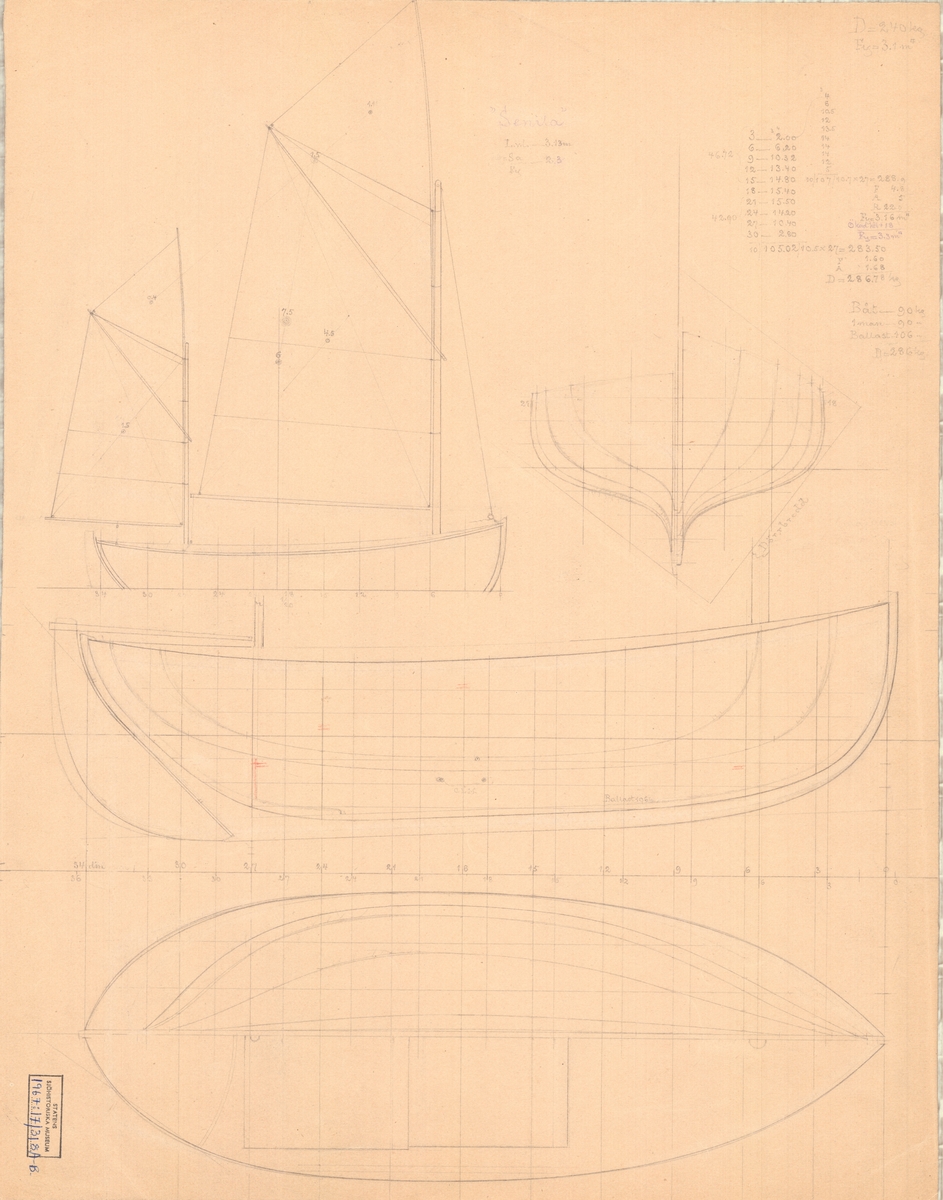 Tvåmastad segelbåt
Spantruta, rigg och sektionsritningar