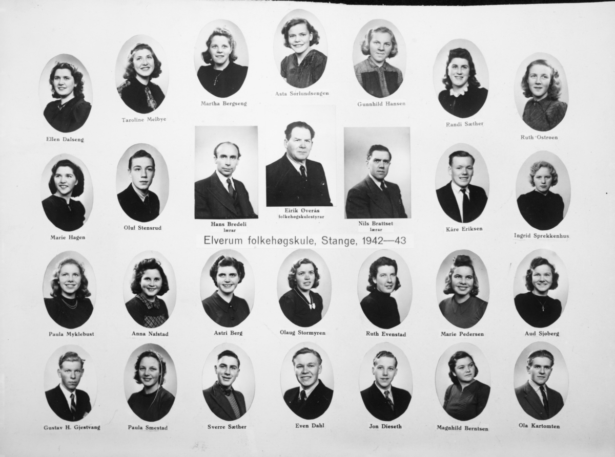 Elverum Folkehøgskole, Stange 1942-1943.
1. rekke  f.v. Gustav H. Gjestvang, Paula Smestad, Sverre Sæther, Even Dahl, Jon Dieseth, Magnhild Berntsen, Ola Kartomten. 2. rekke Paula Myklebust, Anna Nafstad, Astri Berg, Olaug Stormyren, Ruth Evenstad, Marie Pedersen, Aud Sjøberg. 3.rekke Marie Hagen, Oluf Stensrud, lærer Hans Bredeli, Folkehøgskulestyrar Eirik Øverås, lærer Nils Brattset, Kåre Eriksen, Ingrid Sprekkenhus. 4. rekke f.v. Ellen dalseng, Taroline Melbye, Martha Bergseng, Asta Sørlundsengen, Gunhild Hansen, Randi Sæther, Ruth Ostrøen.