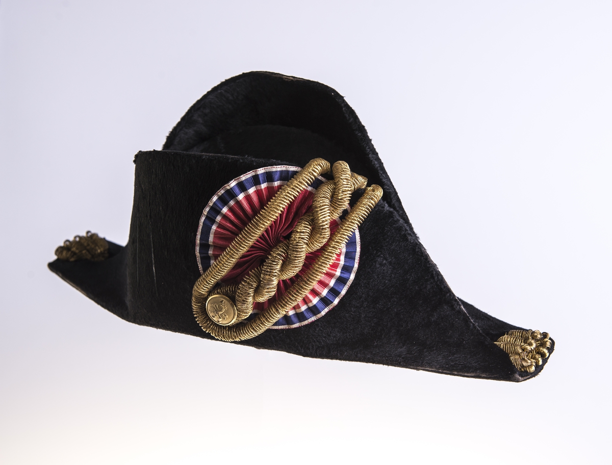 Metall hatteeske med hengslet lokk. Håndtak på lokket og en hempe på siden for hengelås. Esken har ikke fôr.
Hatten i silkefloss er tosnutet med gullbånddekor på hver snute. På den ene siden er det en kokarde med norske farger. Over denne ligger det gullmetallsnorer festet til en messingfarget knapp med motiv, den norske løve. Den ene side på hatten er høyere enn den andre. Hatten har fôr og svettebånd. Det er stempel inne i pullen.