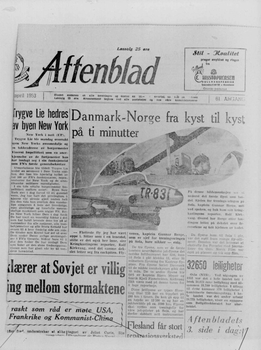 Tre avisutklipp fra Rogaland Aftenblad april 1953. Jetflyging  mellom Sola og Danmark på 10 minutter.