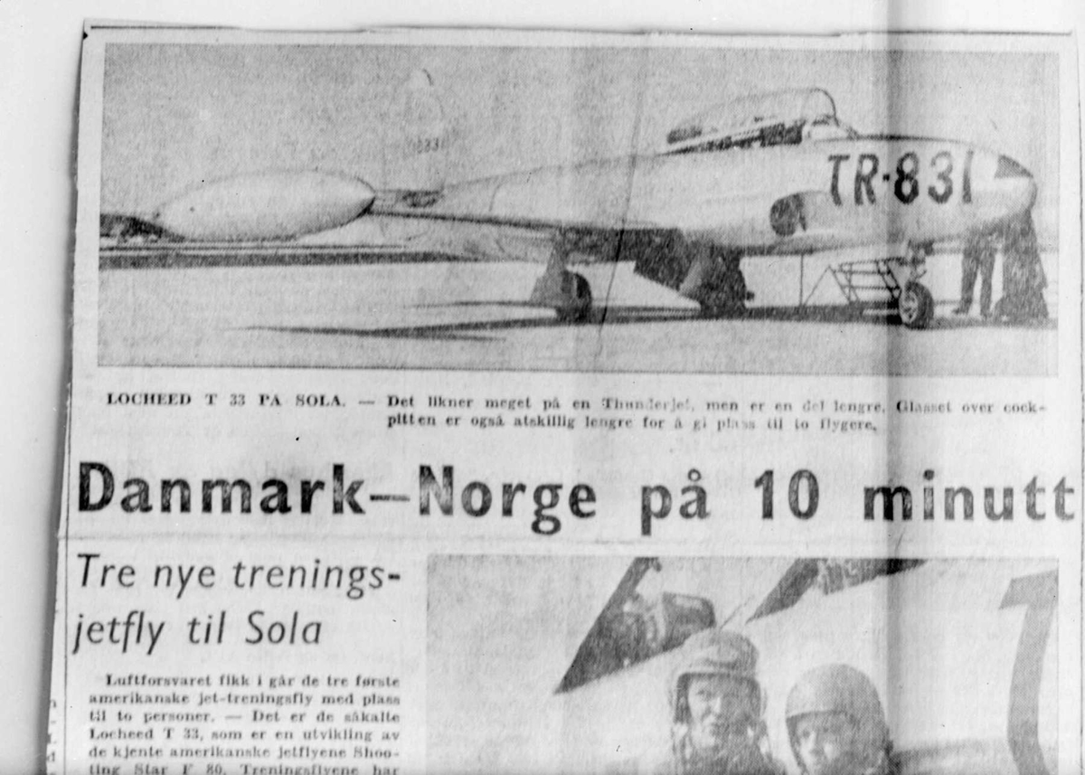 Tre avisutklipp fra Rogaland Aftenblad april 1953. Jetflyging  mellom Sola og Danmark på 10 minutter.