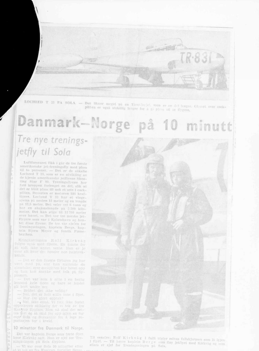 Tre avisutklipp fra Rogaland Aftenblad april 1953. Jetflyging  mellom Sola og Danmark på 10 minutter.