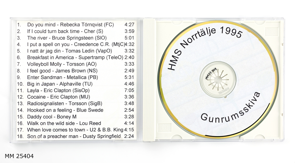 CD-skiva i konvolut. En booklet är tryckt och på omslaget finns texten: "Gunrumsskiva HMS Norrtälje 1995". Under en bild på en robotbåt till sjöss. På bookletens insida är musikstyckena som finns på skivan tryckta med angivelse vem som valt dem/fått dem valda åt sig. Också musikstyckets längd anges. På konvolutets baksida samma sak.

CD-skivan har försetts med ett runt klistermärke med text: "HMS Norrtälje 1995 Gunrumsskiva".