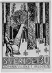 Förslagsteckning till frimärket med motiv av en skogsarbetare som just fällt en fura och som var ett av två motiv till minne av Domänverkets 100 års jubileum, 1959. Konstnär: Sven Ljungberg.