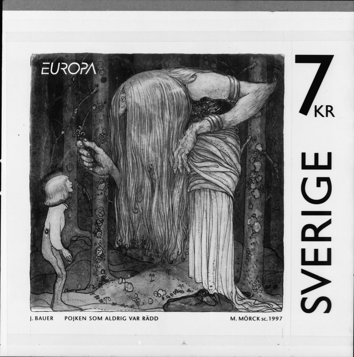 Original till frimärket "Pojken som aldrig var rädd" för frimärksutgåvan Europa XXVI. Sagor och legender: John Baur, 1997.