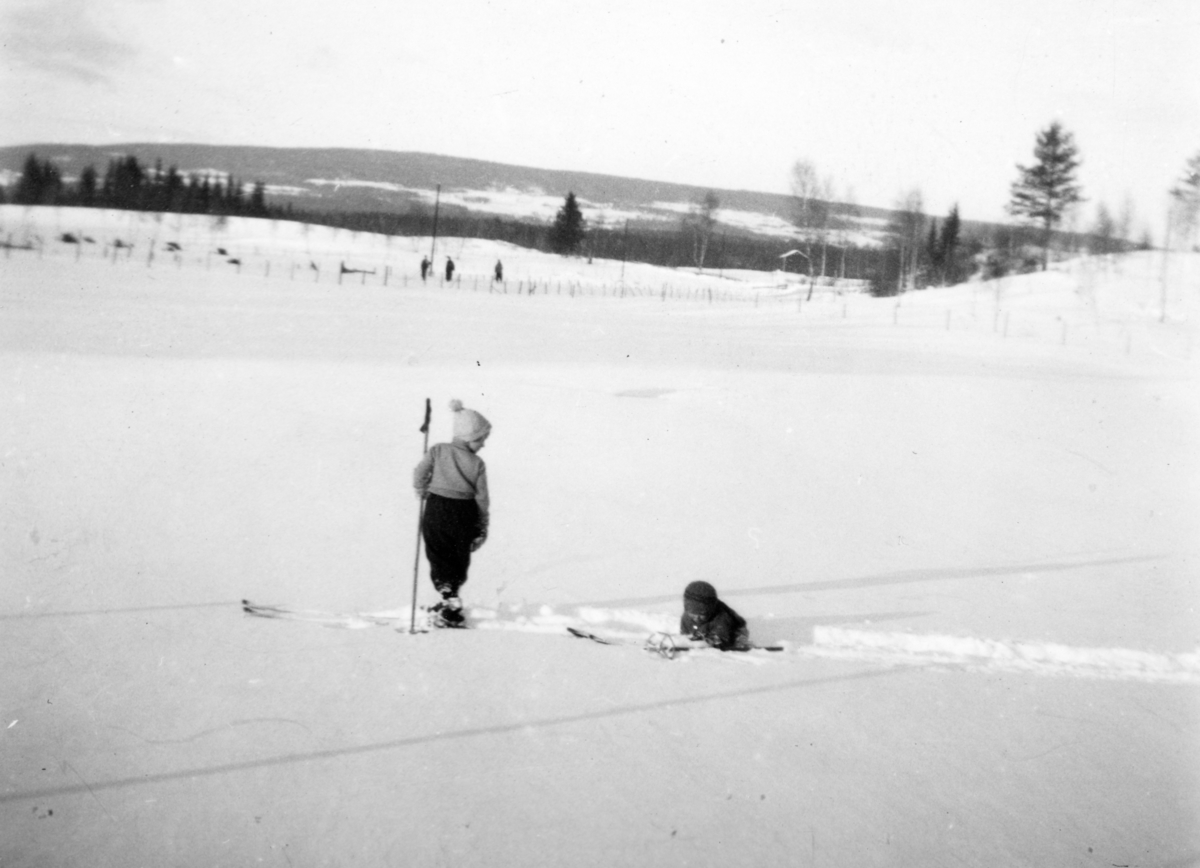 Marta og Harald Tomter på ski på jordet på Søndre Tomter (Ner-Tomter) omkring 1938. I bakgrunnen skimtes stabburet på Øvre Tomter.