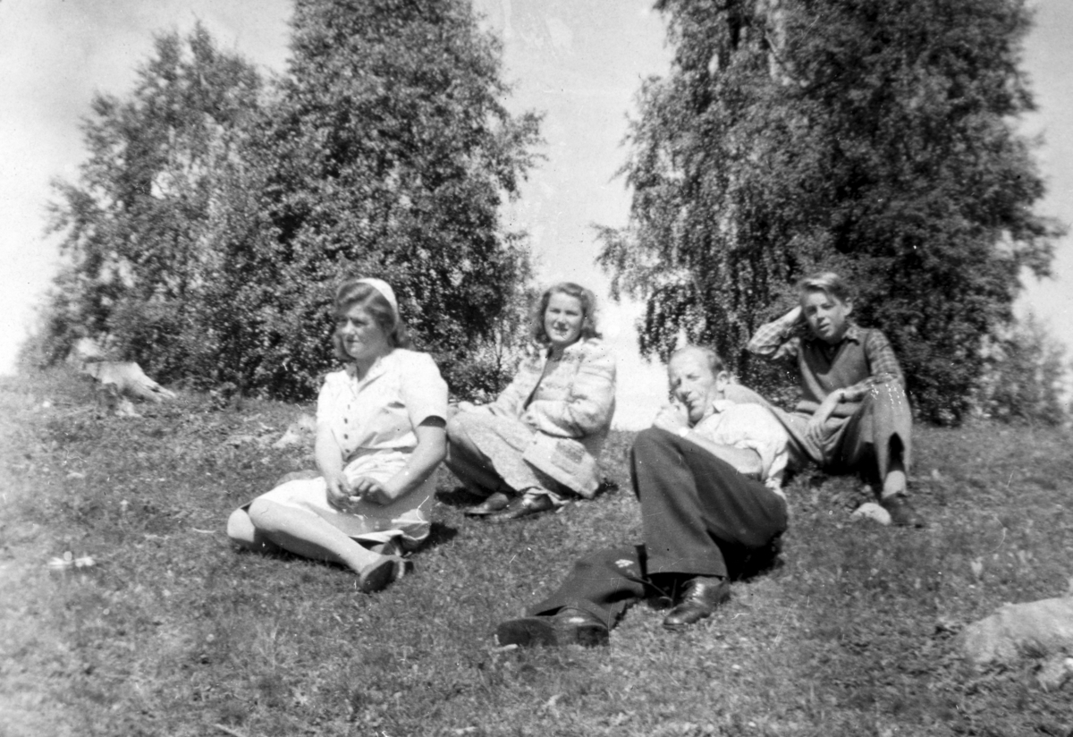 Fra kulturbeitet «Hauga» på Søndre Tomter (Ner-Tomter) ca. 1947. F.v: Karen, Marta, Leif og Harald Tomter