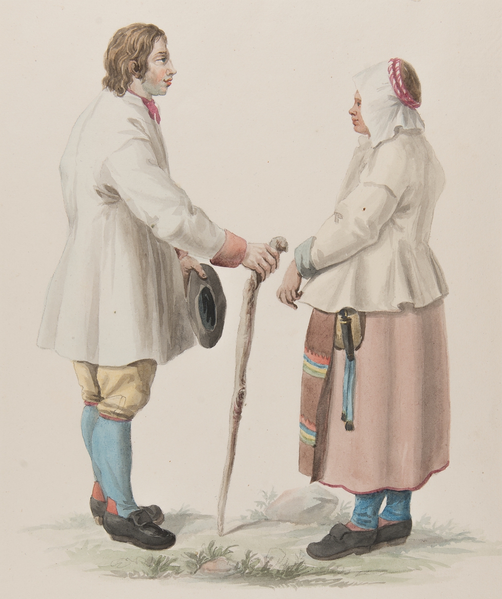 Kvinna och man med käpp. Akvarell av C.W. Swedman." Jfr Costume of Sweden Pl. 19 & 20."