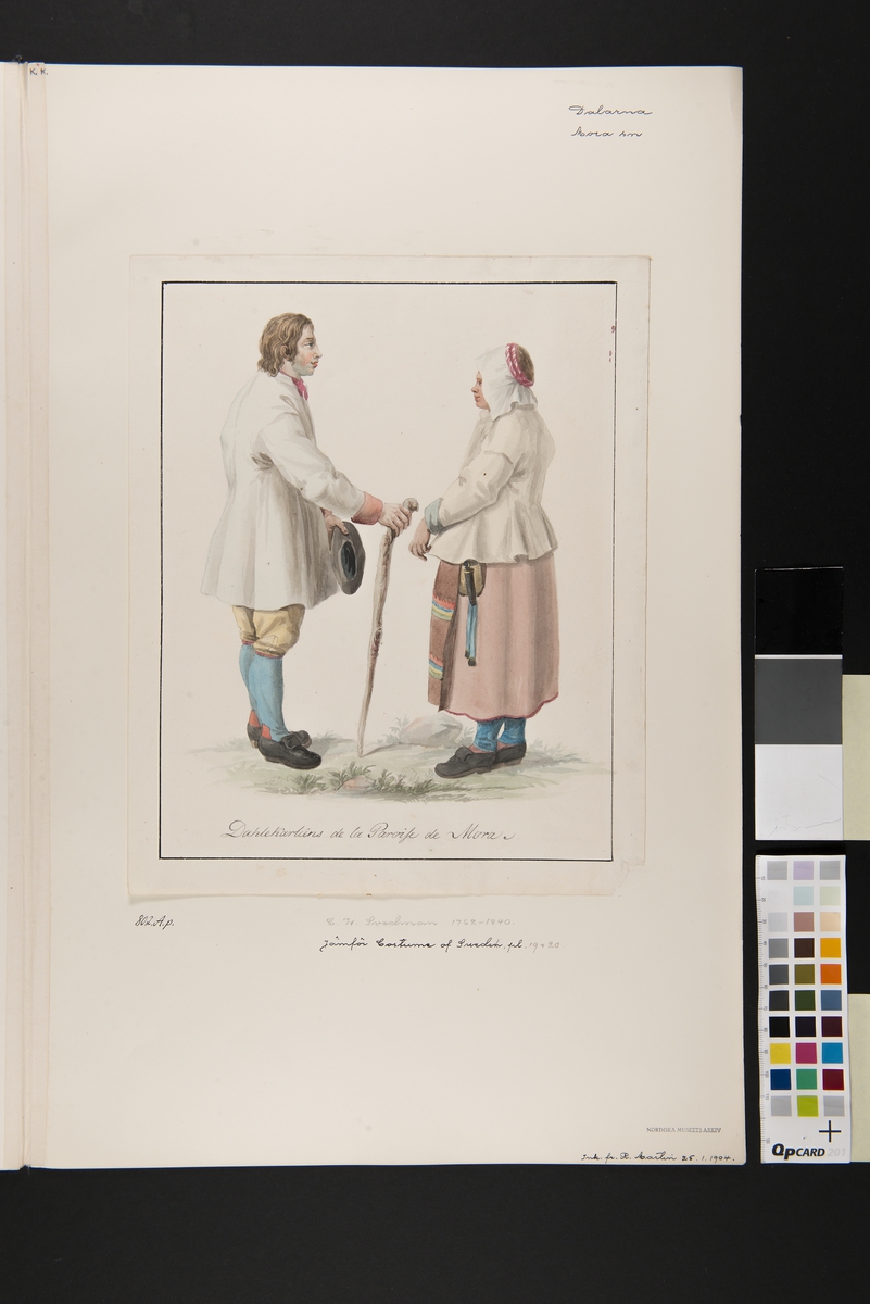 Kvinna och man med käpp. Akvarell av C.W. Swedman." Jfr Costume of Sweden Pl. 19 & 20."