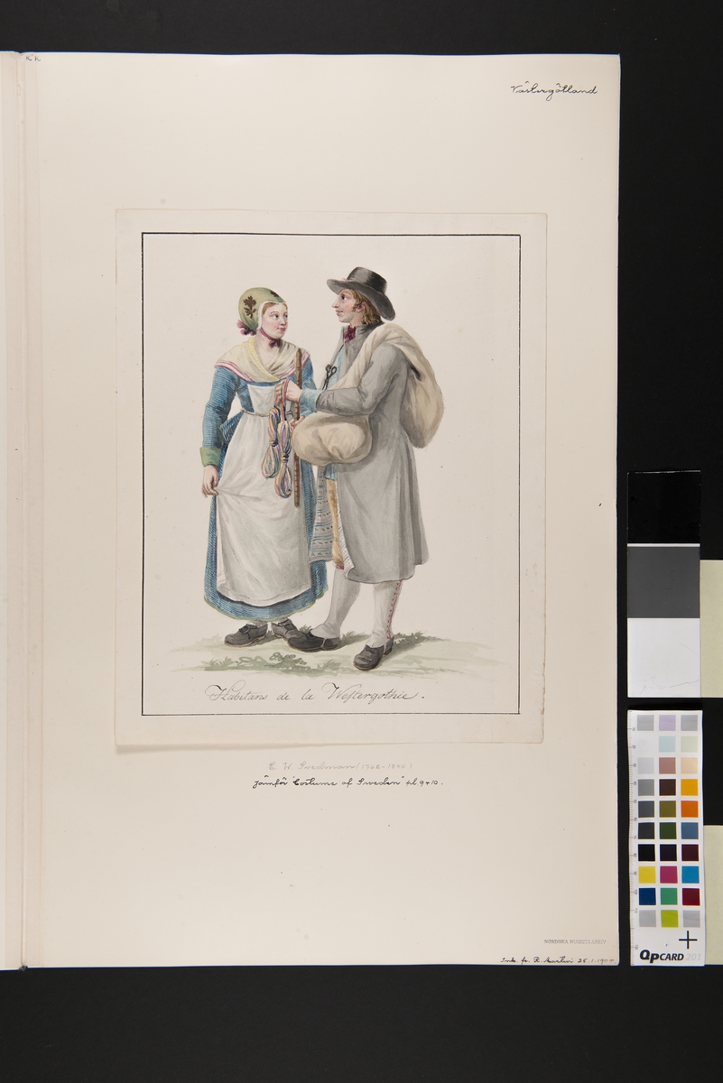 Dräkt. "Habitants de la Westergothie" En knalle och en kvinna. Akvarell i storformat av C.W Swedman