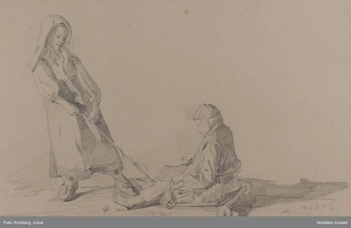 Två barn, Orsa 24 juli 1867. En flicka som drar en pojke i en kärra.  Blyertsteckning av Julius Kronberg