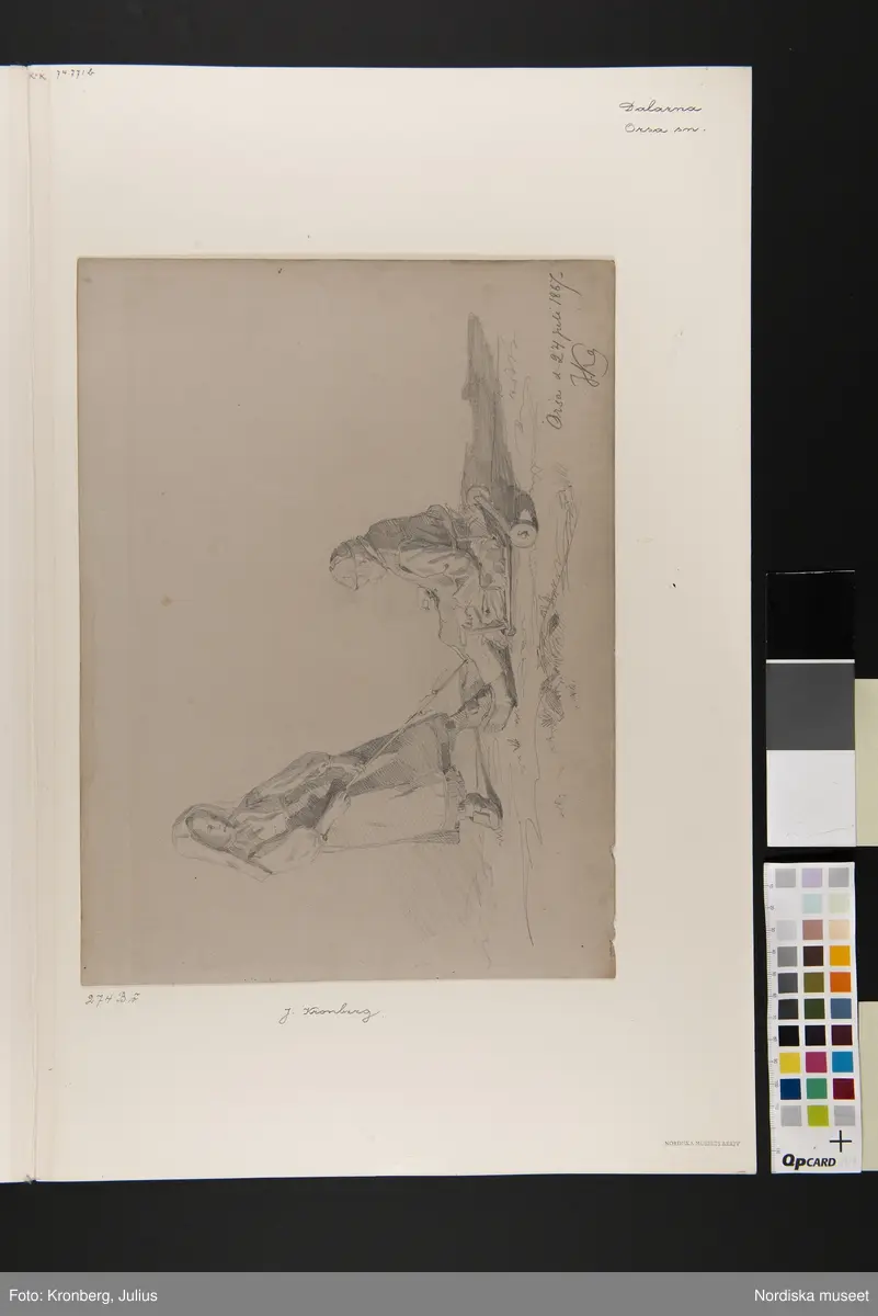Två barn, Orsa 24 juli 1867. En flicka som drar en pojke i en kärra.  Blyertsteckning av Julius Kronberg