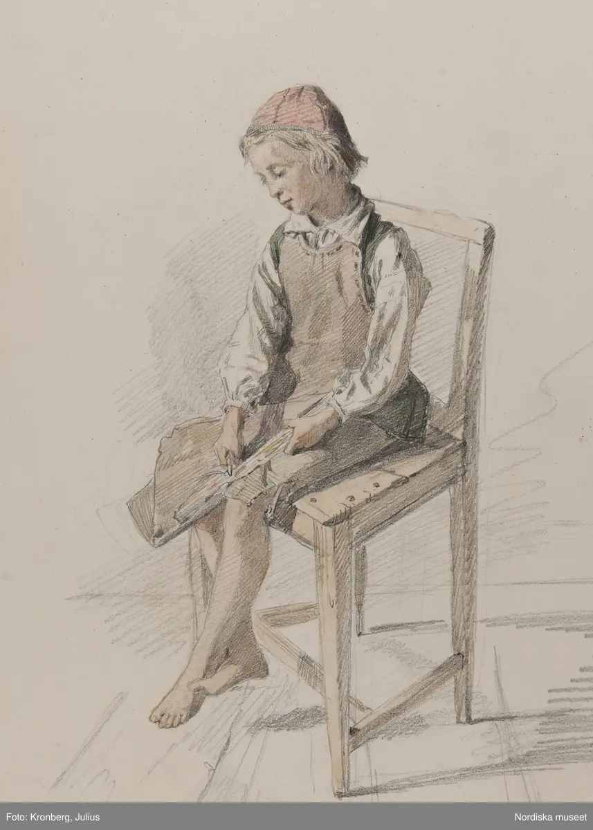 Pojke med skinnförkläde på en stol . Orsa den 19 juli 1867. Julius Kronberg