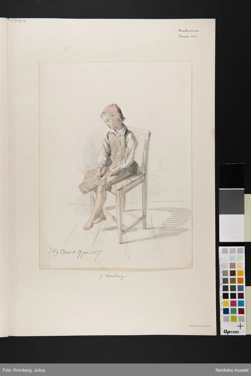 Pojke med skinnförkläde på en stol . Orsa den 19 juli 1867. Julius Kronberg