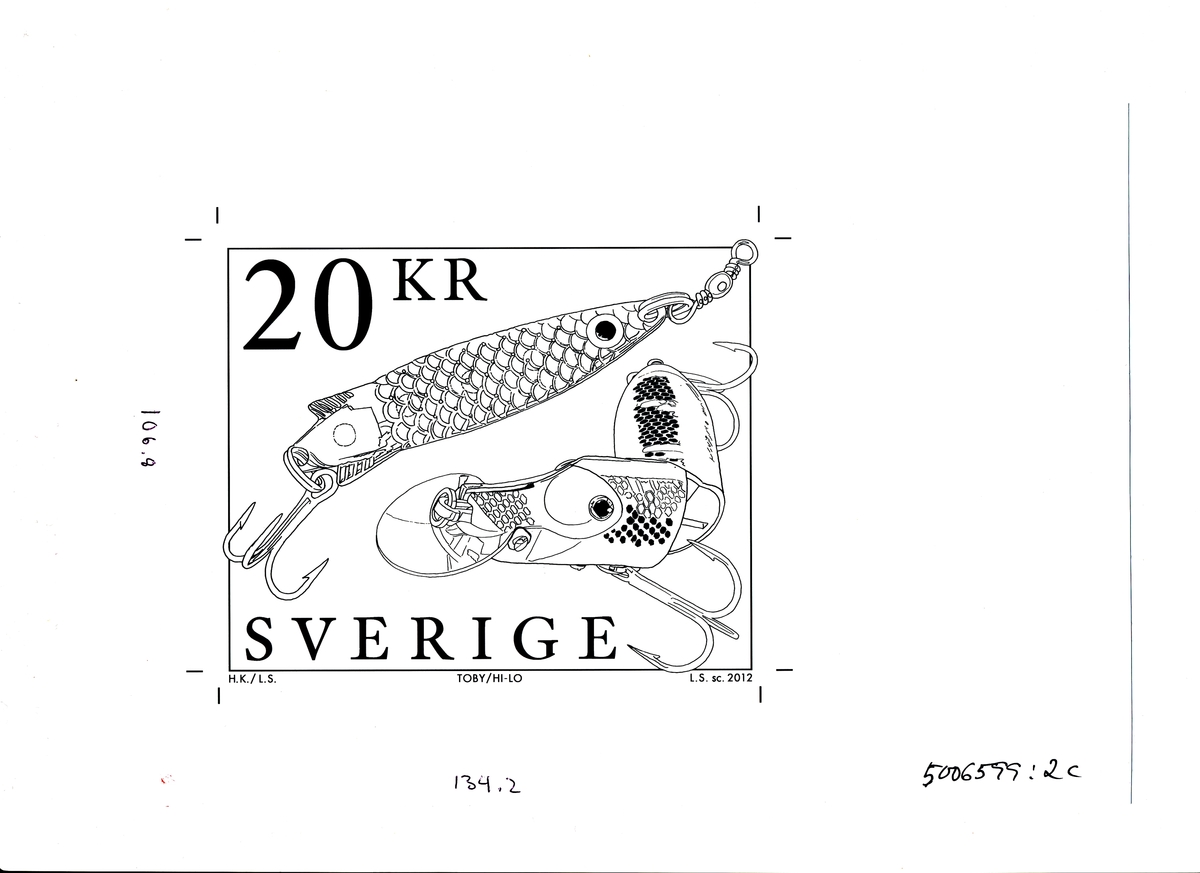 Förlagor som visar klassiska fiskeredskap som används av sportfiskare: fiskerullen Ambassadeur, wobblern Hi-Lo och skeddraget Toby.