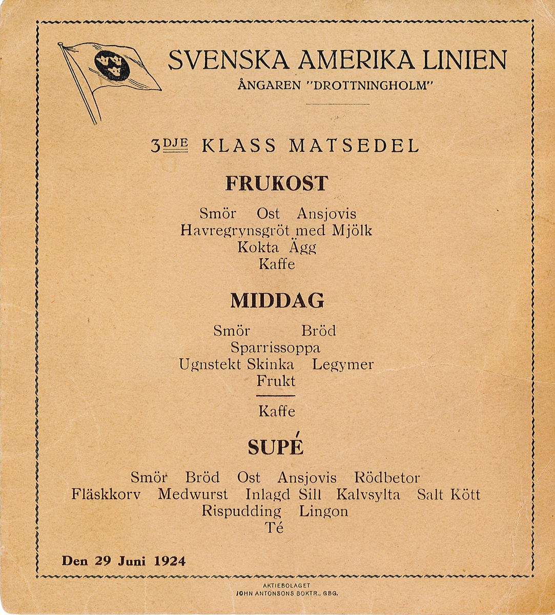 Tryck meny för 3dje klass. I vänstra hörnet Svenska Amerika liniens flagga.