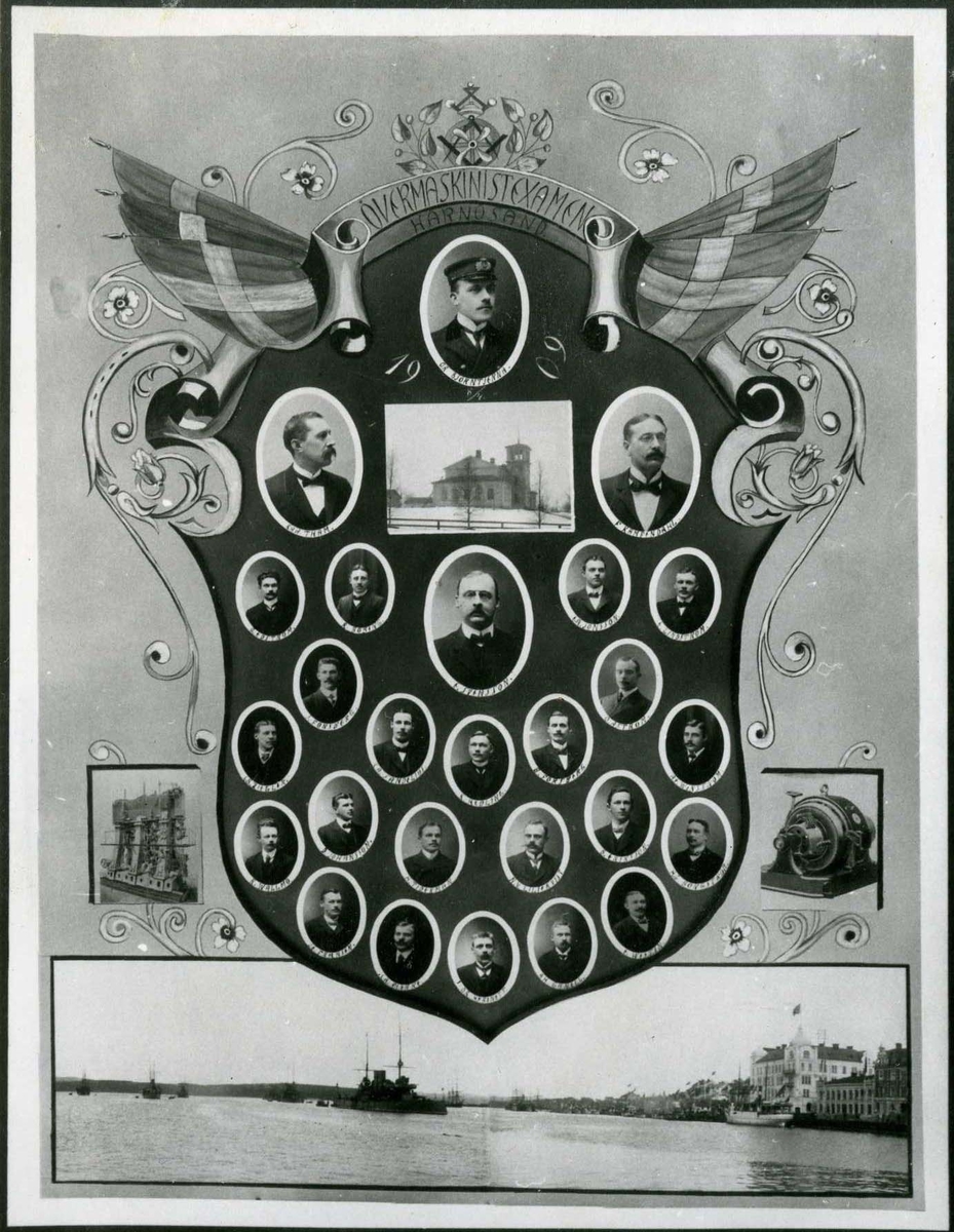 Examensbild över avgångsklass vid övre maskinistutbildningen vid Navigationsskolan i Härnösand 8 april 1909.