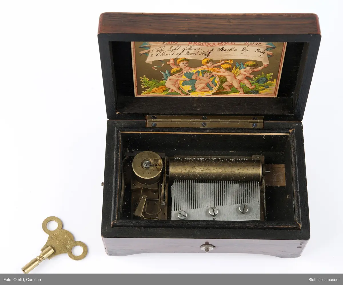 Polert rektangulær eske som inneholder anlegget til spilledåsen.