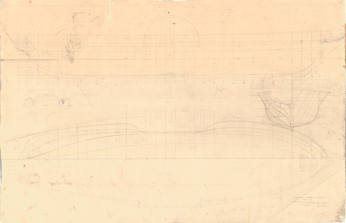 Ångskonerten NORRLAND. Linjeritning i profil, plan med linjer, spantruta och akterspegel.