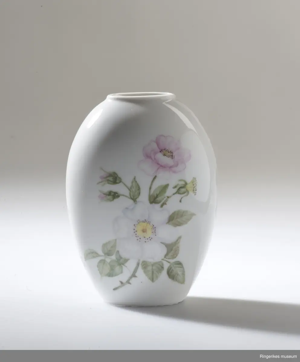 Nyperoser i full blomst og knopper, bladverk Dekor bare på en side.