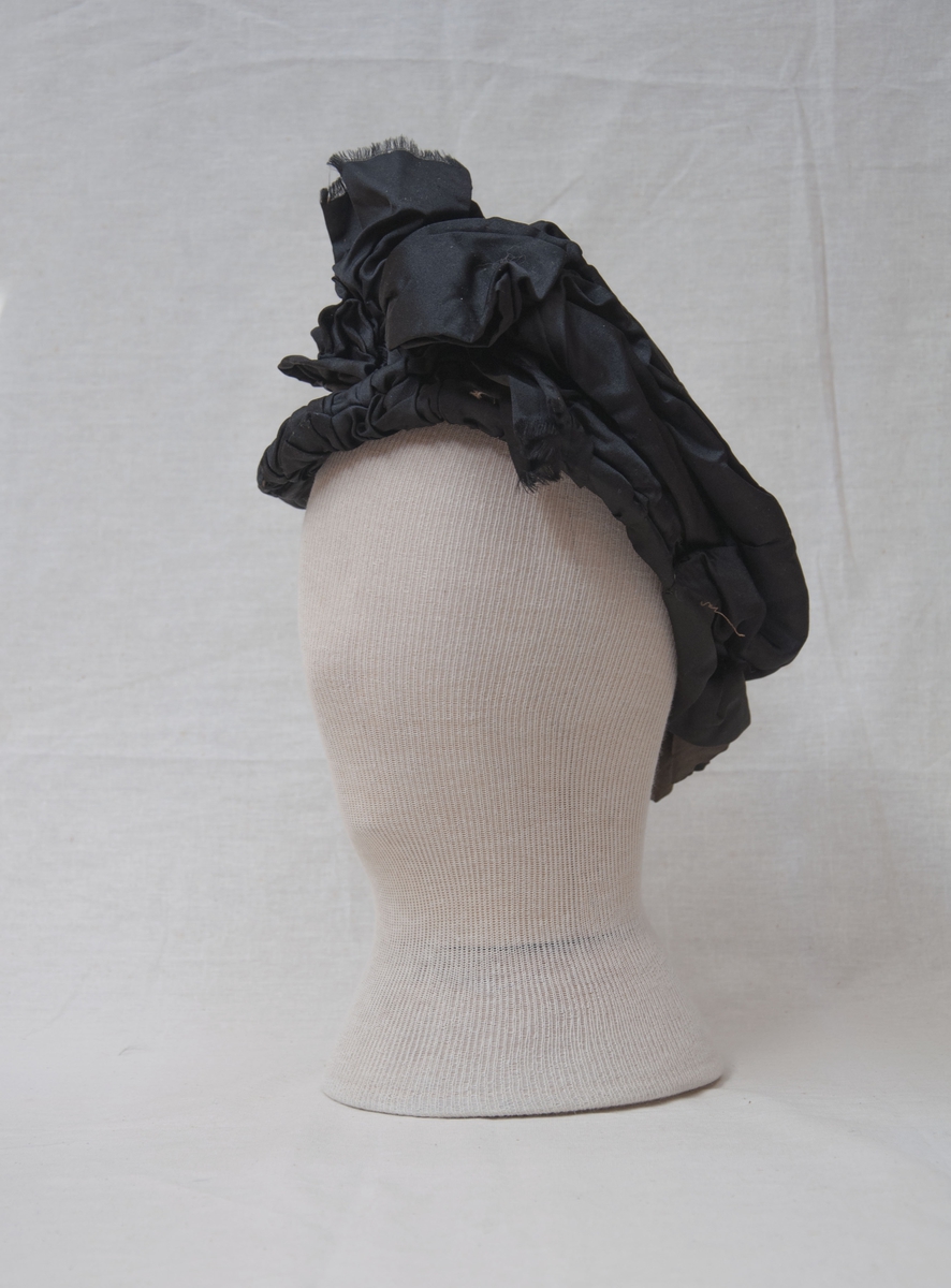 Svart, brodert, handsydd kyse med knyteband.
Sydde legg, perlebrodert.