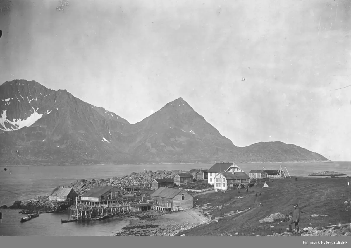 Øksfjord en tidlig sommerdag. To store bygninger står i strandkanten, den ene på en trekai. I enden av trekaia står et stort bygg til, muligens et pakkhus. På siden av det går fjæra med sand, stein og tare. Midt på bildet står to store hus. De ene har mange vinduer på røstveggen, og det andre flere vinduer på langveggen og malt med en lys farge. Begge har papp på taket og på det bakerste ses til piper. Bak de står to mindre bygg og en hjell/stativ. Til venstre for de store husene står tre mindre, mørkmalte hus.  Flere Nordlandbåter ligger i bukta foran trekaia. Fjellene i bakgrunnen er Øksfjordklubben til høyre på bildet, Klubbnesviktinden i midten og Sommersettinden til venstre med noen snøflekker på. Øksfjord-Lillesanden i forgrunnen. Nede til høyre på bildet står en person i ganske mørke klær på grensen mellom stein og gress.