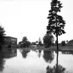 Översvämning på Junexvallen i Huskvarna på 1960-talet. Huskvarna Borstfabrik i bakgrunden.