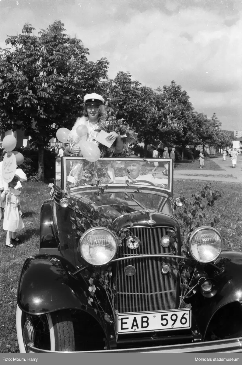 Studentexamen på Fässbergsgymnasiet i Mölndal, år 1985. "Gunita Hansson hade svårt att få plats med alla blommor och ballonger."

För mer information om bilden se under tilläggsinformation.