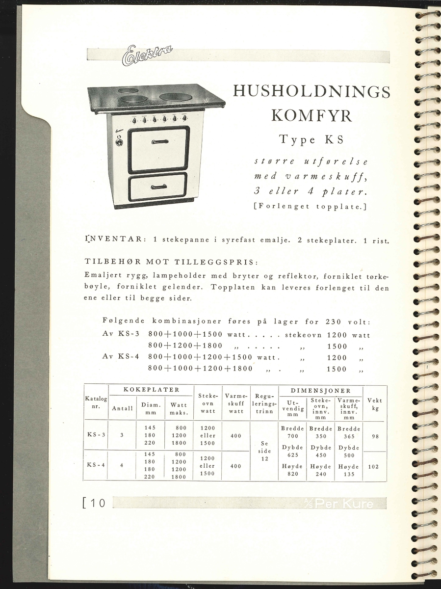 Elektra hovedkatalog.
Varekatalogen innheld illustrasjonar, namn på og pris på elektriske apparat som komfyrar, kokeplatar, steikeomnar, omnar, varmtvannsbehodarar o.a.
80 sider.